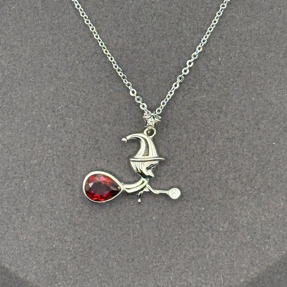 Silver 925 Witch on Broomstick Pendant with. Garnet Stone and Silver 925 Chain - Picture 6 of 13